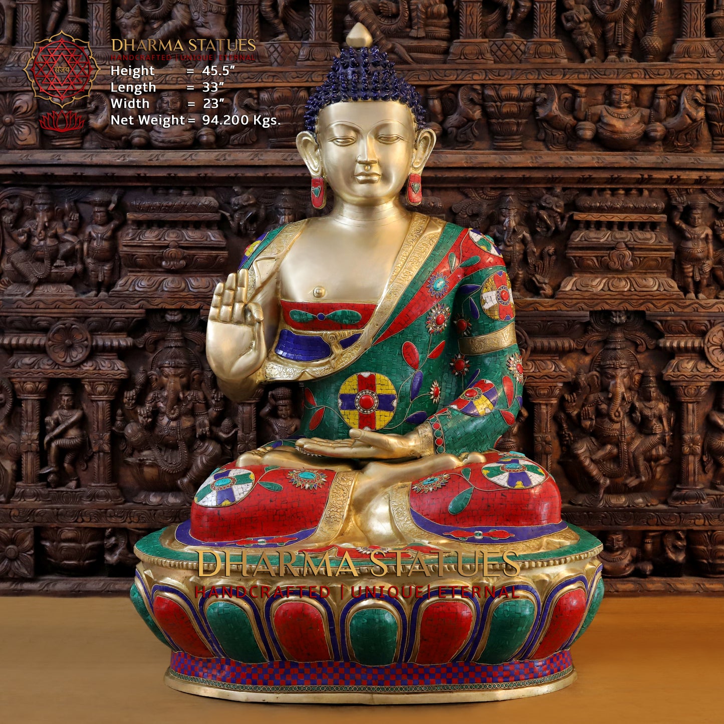 Brass Buddha Seated With Fine Nepali Stone Work 45.5" Front View