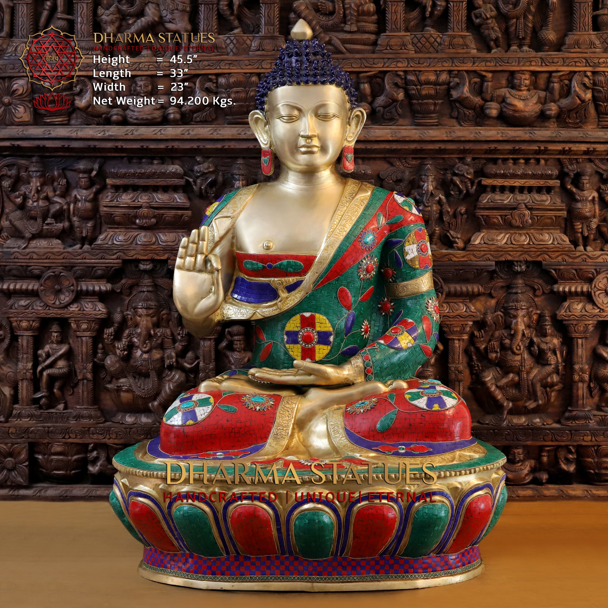 Brass Buddha Seated With Fine Nepali Stone Work 45.5" Front View