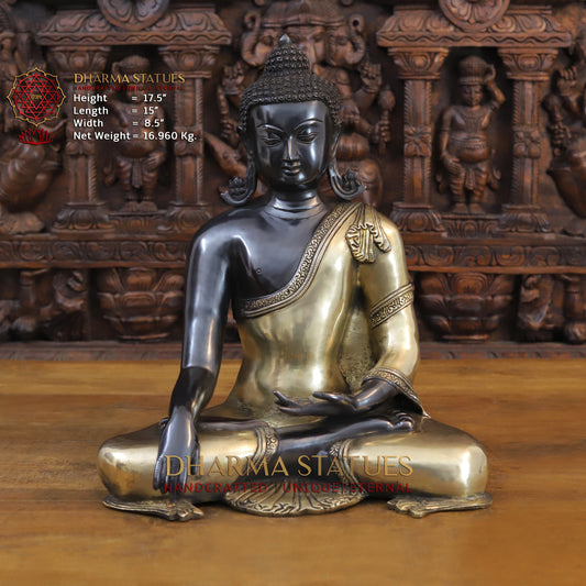 Brass Buddha in Bhumisparsha Mudra, Classic Black and Gold Finish, 17.5"