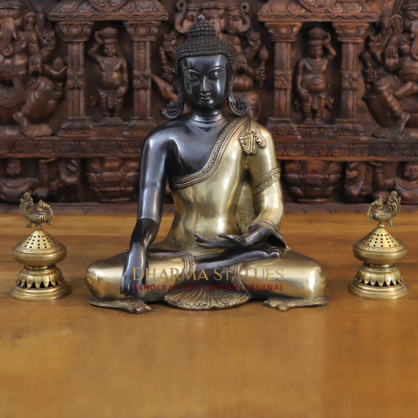 Brass Buddha in Bhumisparsha Mudra, Classic Black and Gold Finish, 17.5"