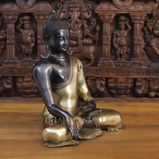 Brass Buddha in Bhumisparsha Mudra, Classic Black and Gold Finish, 17.5"