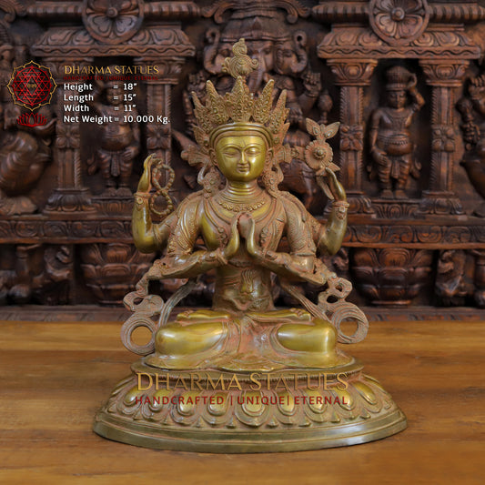 Brass Meditation Tara Statue, Patina and Brick Color Finish, 18"