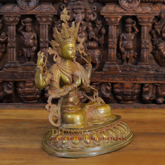 Brass Meditation Tara Statue, Patina and Brick Color Finish, 18"