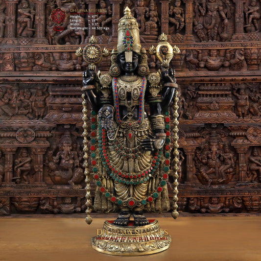 Brass Tirupati Balaji, Stonework with Black Patina & Golden Finish, 47"