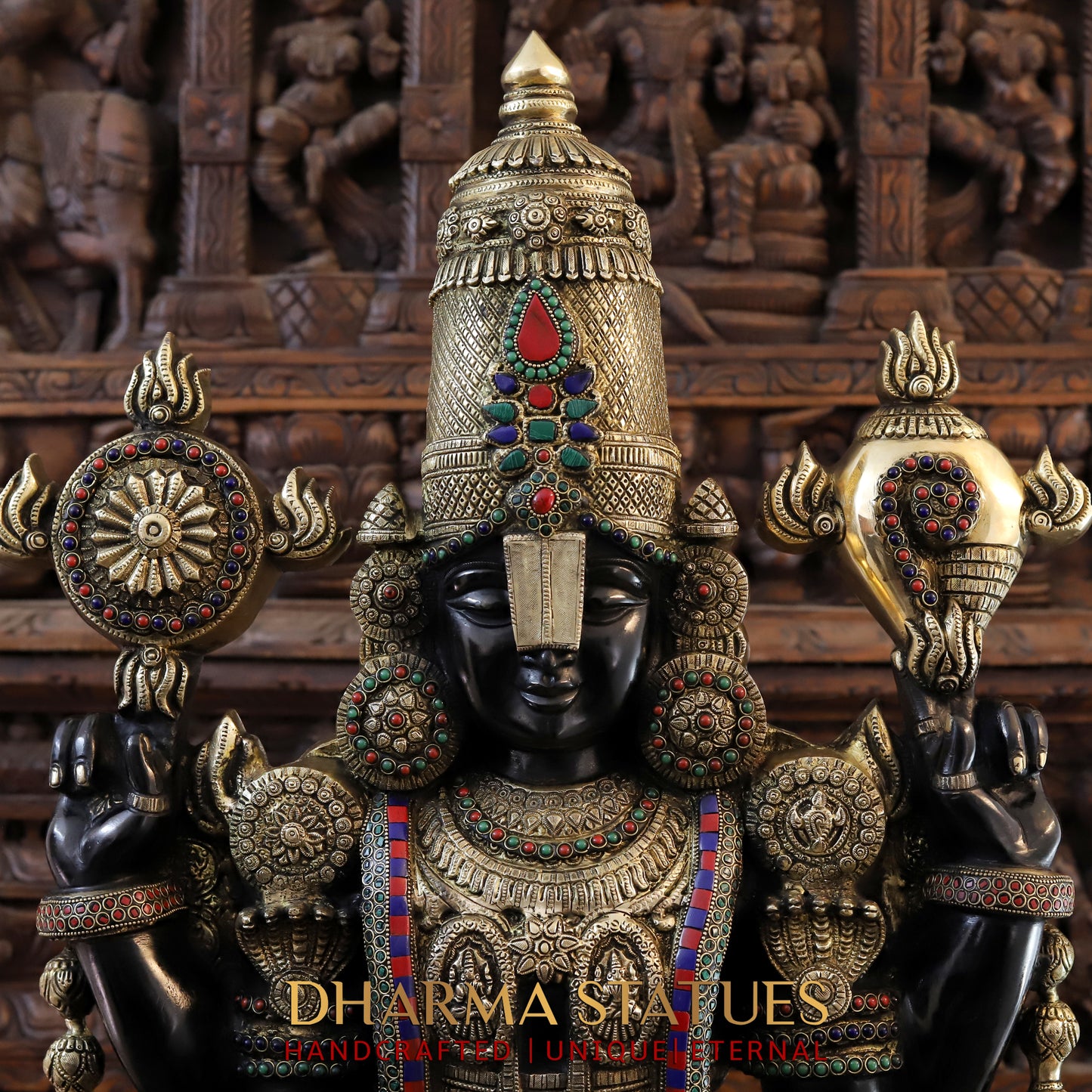Brass Tirupati Balaji, Stonework with Black Patina & Golden Finish, 47"
