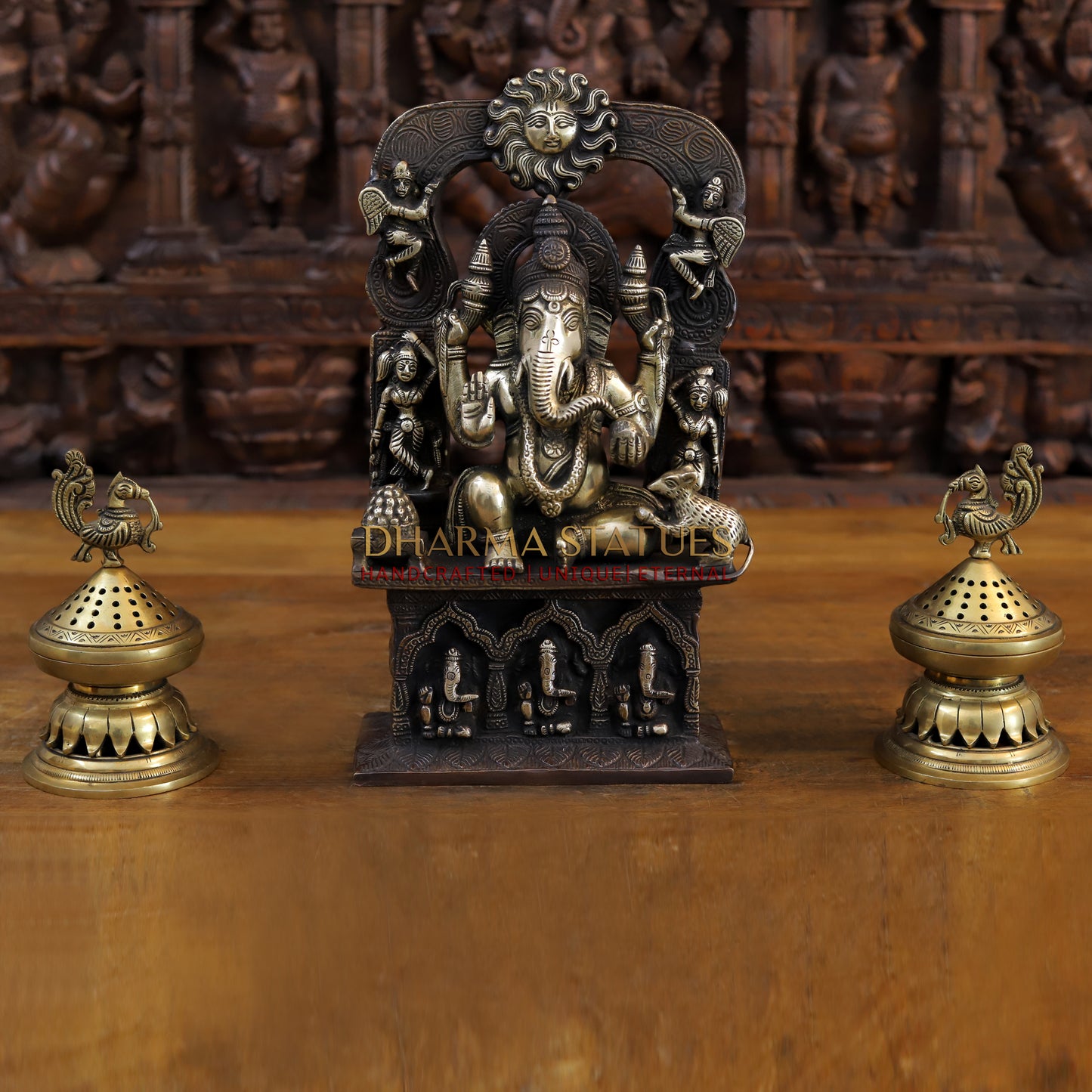 Brass Ganesh sitting on the Sun of Throne, Copper and Gold Finish, 13.5"