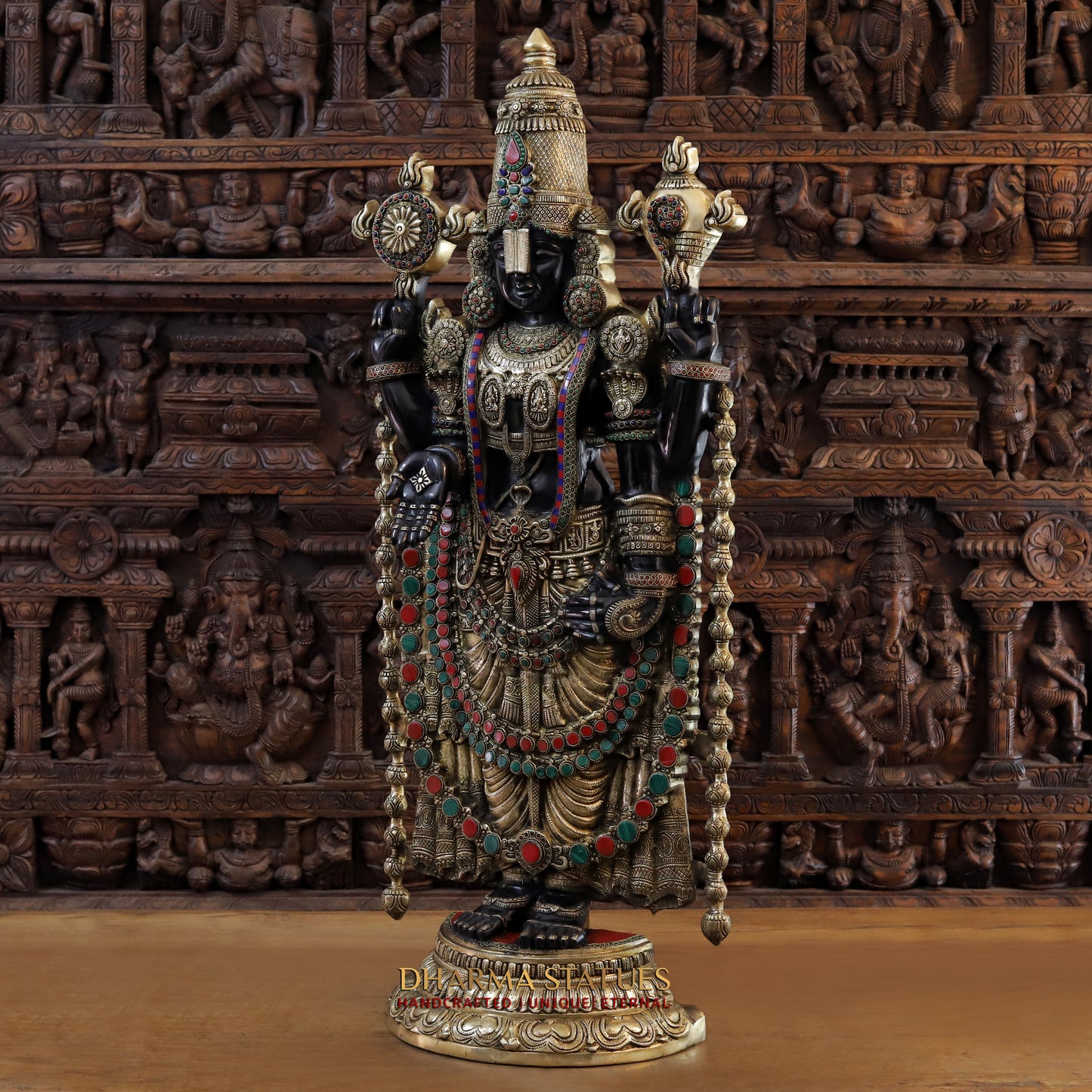 Brass Tirupati Balaji, Stonework with Black Patina & Golden Finish, 47"