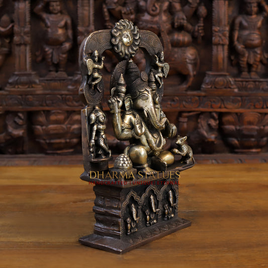 Brass Ganesh sitting on the Sun of Throne, Copper and Gold Finish, 13.5"