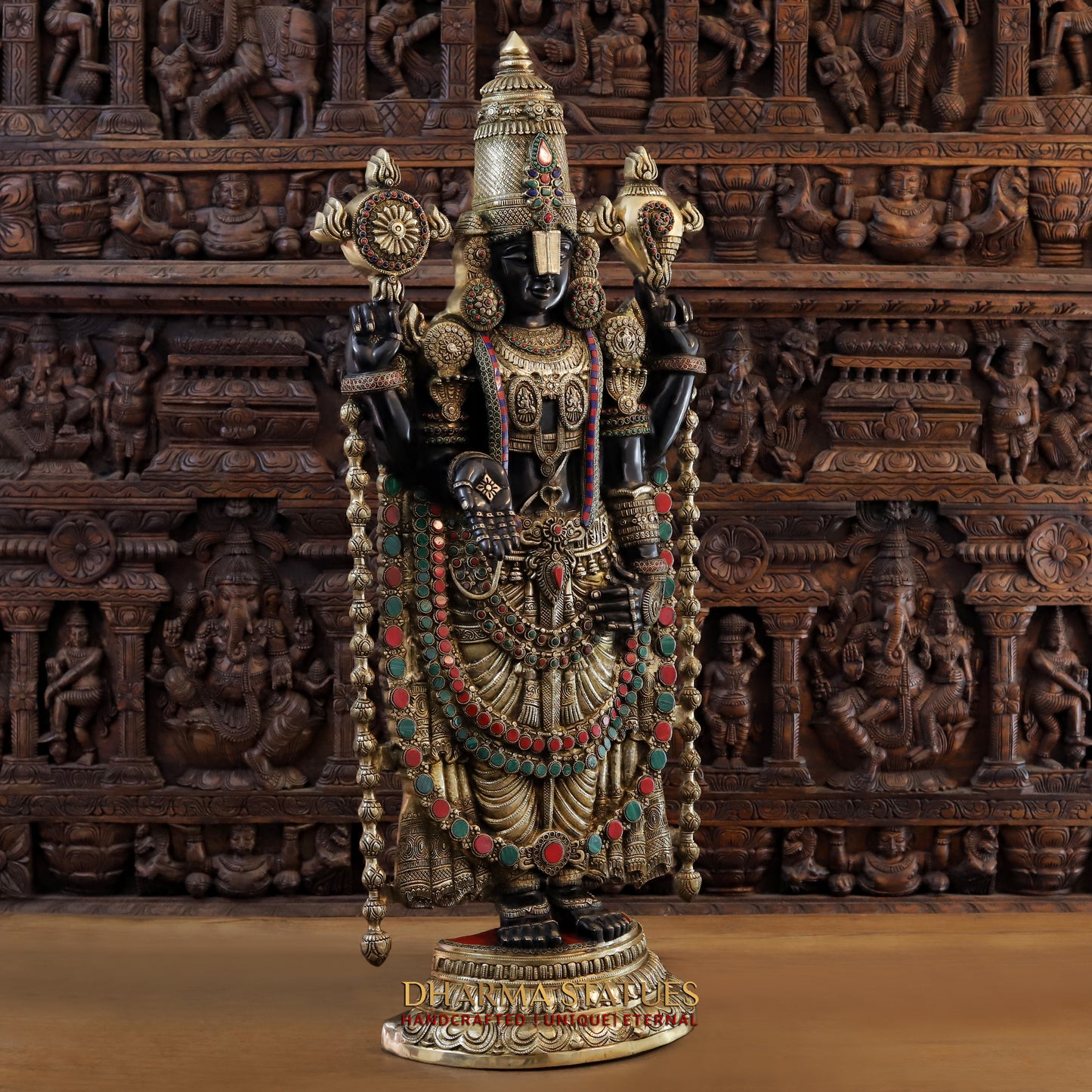 Brass Tirupati Balaji, Stonework with Black Patina & Golden Finish, 47"