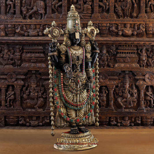Brass Tirupati Balaji, Stonework with Black Patina & Golden Finish, 47"