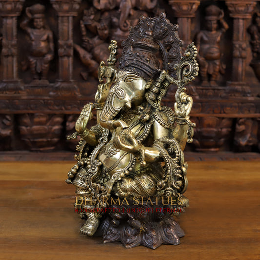 Brass Ganesh seated with Fine Carved jewelry, Copper & Gold Finish, 13”