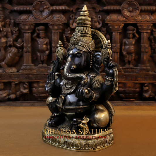 Brass Ganesh seated in Blessing Posture, Back Patina & Golden Finish, 20"