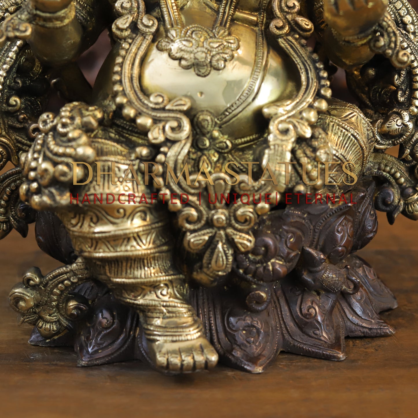 Brass Ganesh seated with Fine Carved jewelry, Copper & Gold Finish, 13”