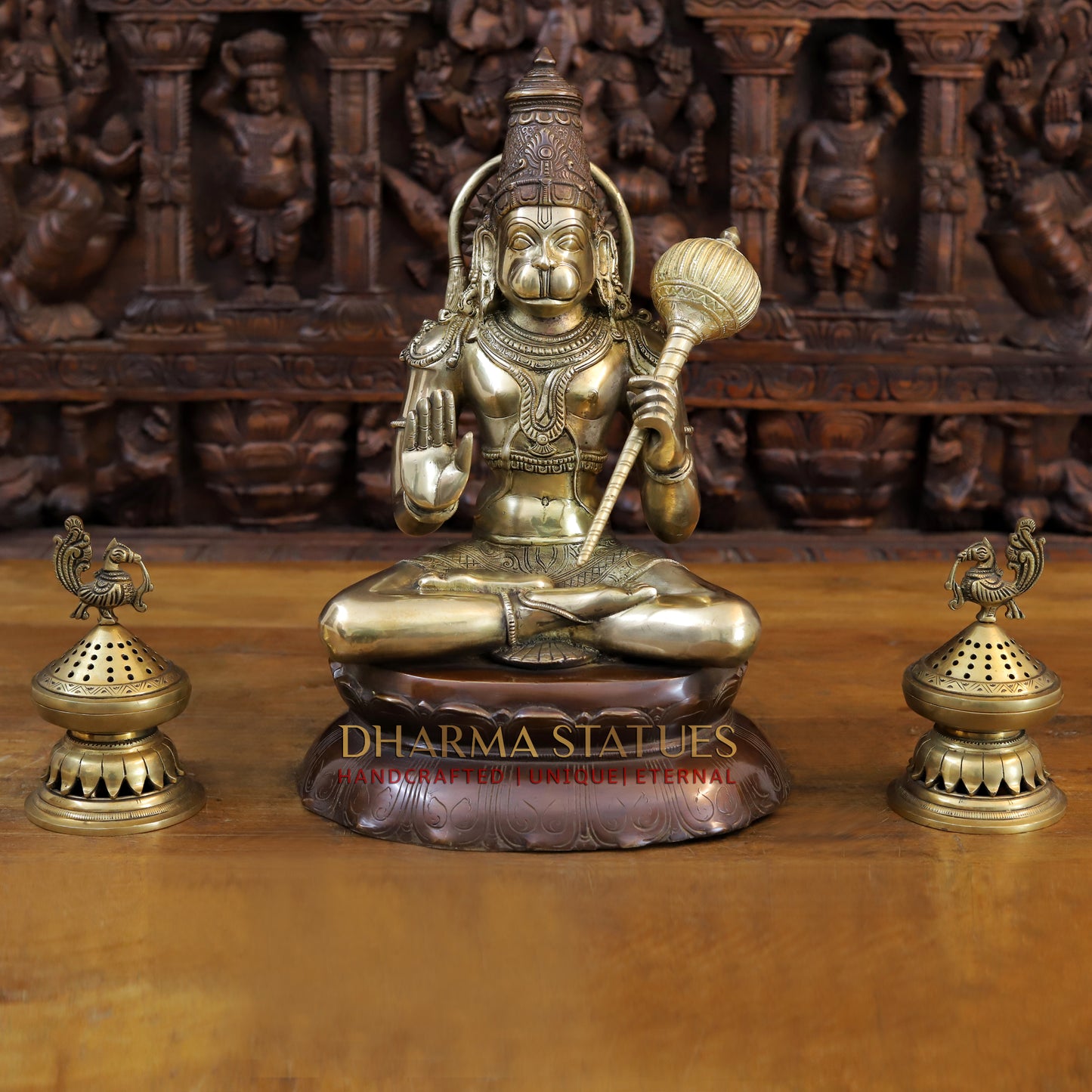 Brass Hanuman Seated in Blessing Position, Gold and Copper Finish, 16"