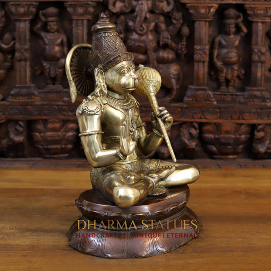 Brass Hanuman Seated in Blessing Position, Gold and Copper Finish, 16"