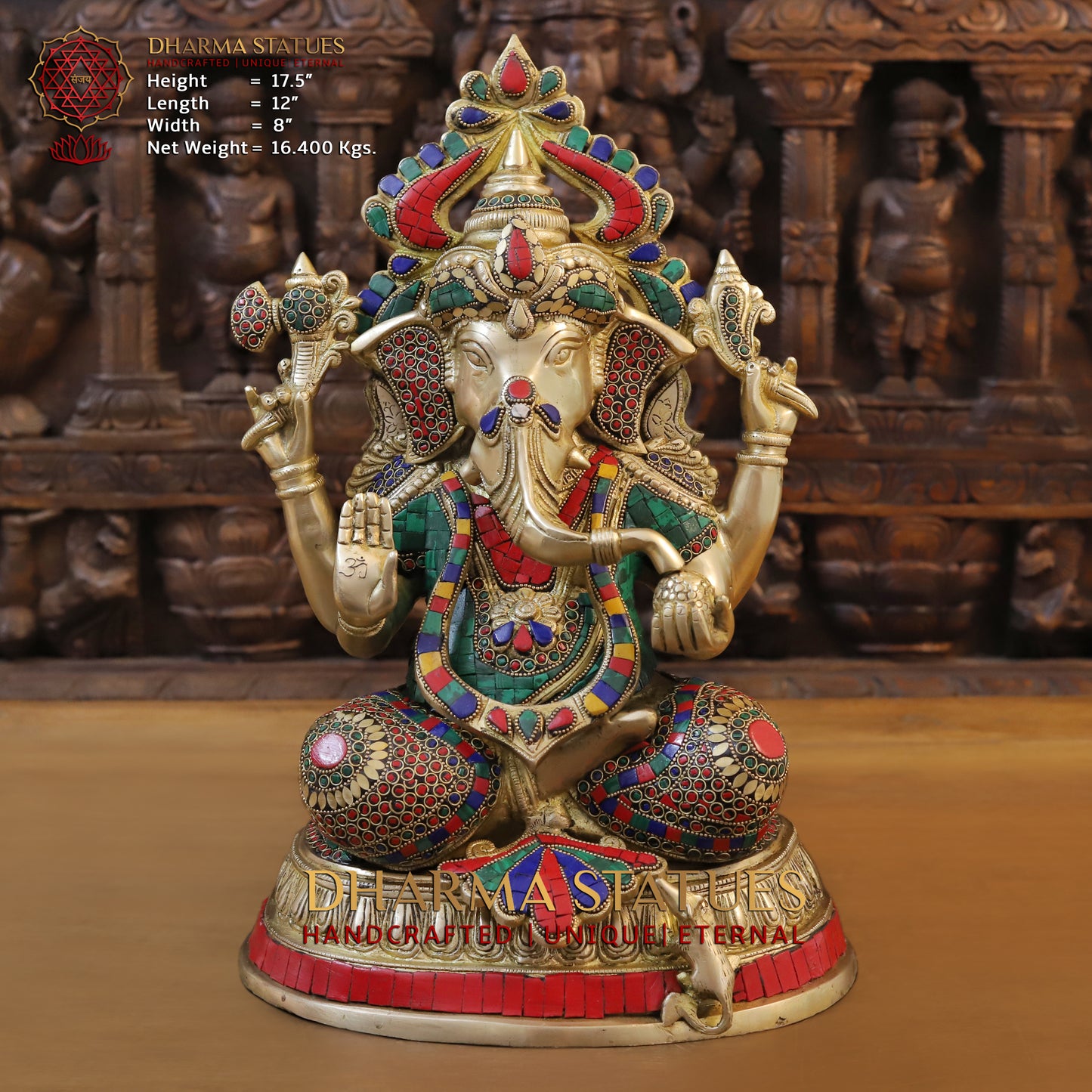 Brass Ganesh seated in Blessing Posture, Stonework & Golden Finish, 17.5"