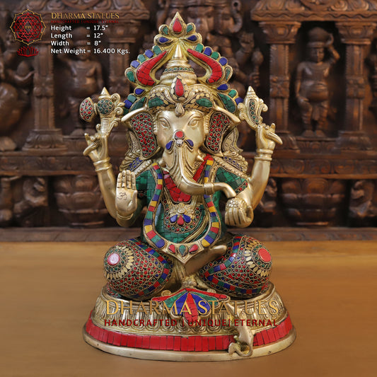 Brass Ganesh seated in Blessing Posture, Stonework & Golden Finish, 17.5"