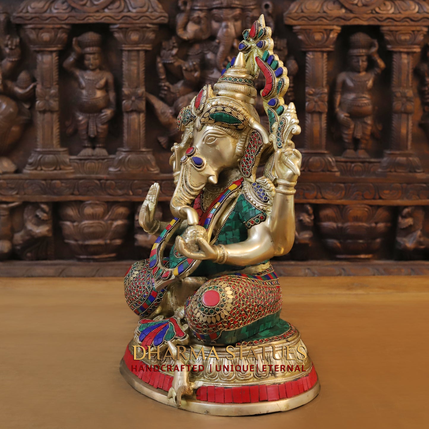 Brass Ganesh seated in Blessing Posture, Stonework & Golden Finish, 17.5"