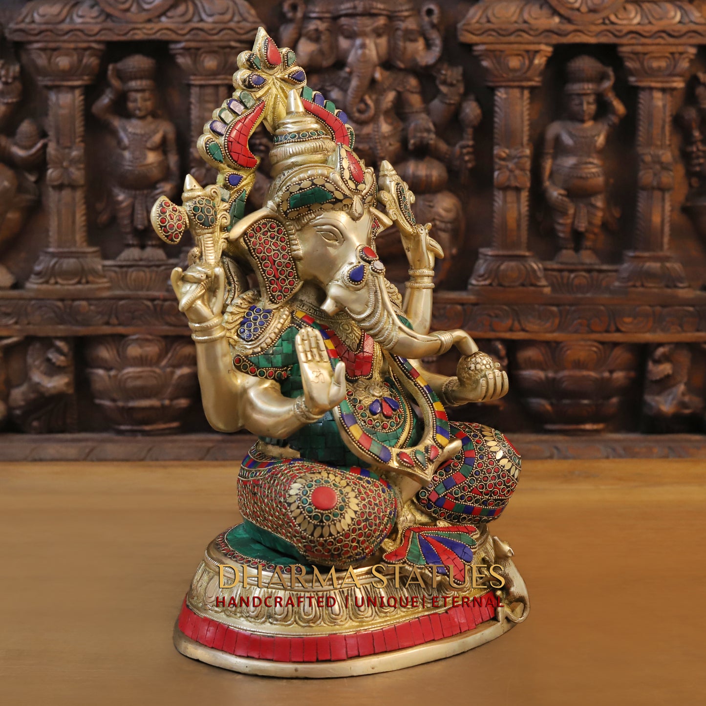 Brass Ganesh seated in Blessing Posture, Stonework & Golden Finish, 17.5"