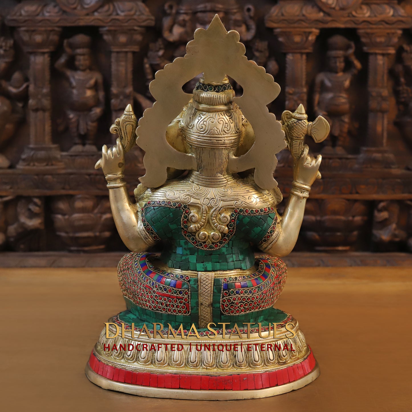 Brass Ganesh seated in Blessing Posture, Stonework & Golden Finish, 17.5"