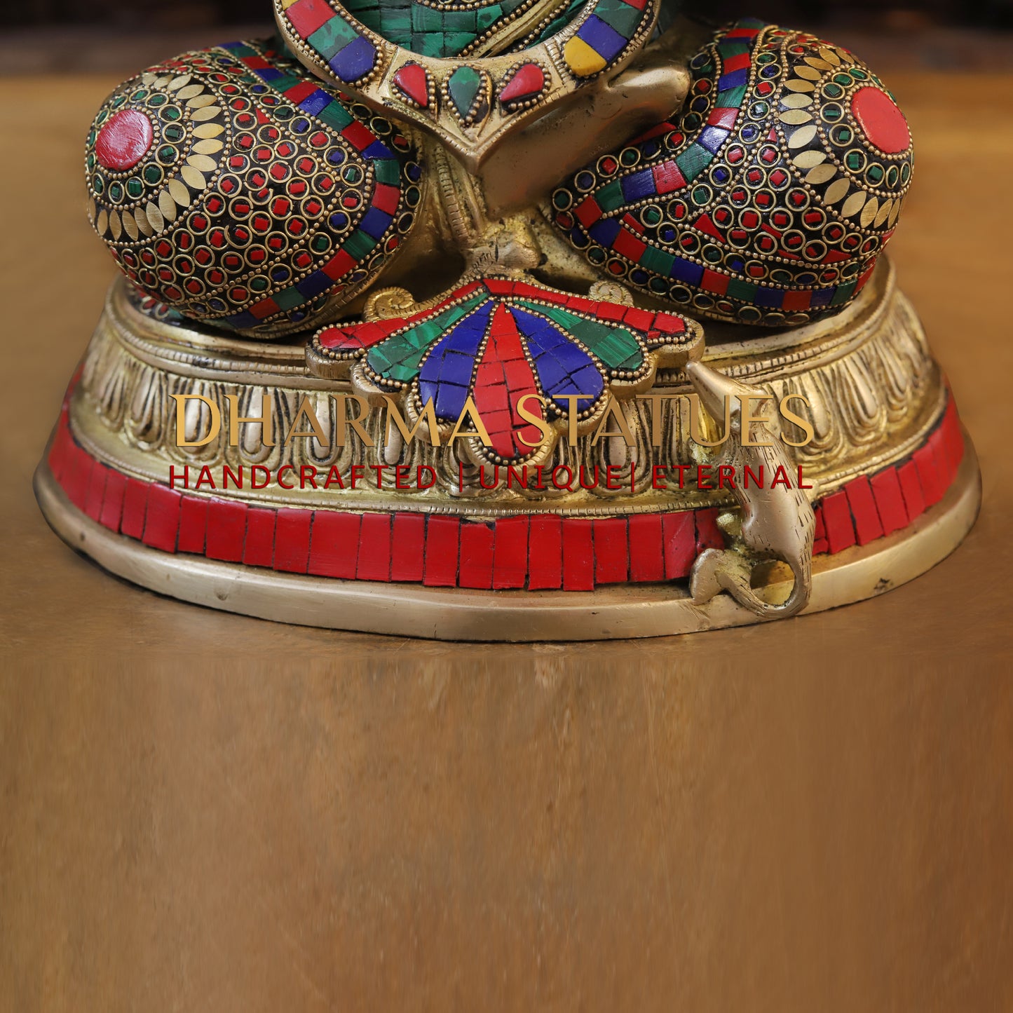 Brass Ganesh seated in Blessing Posture, Stonework & Golden Finish, 17.5"