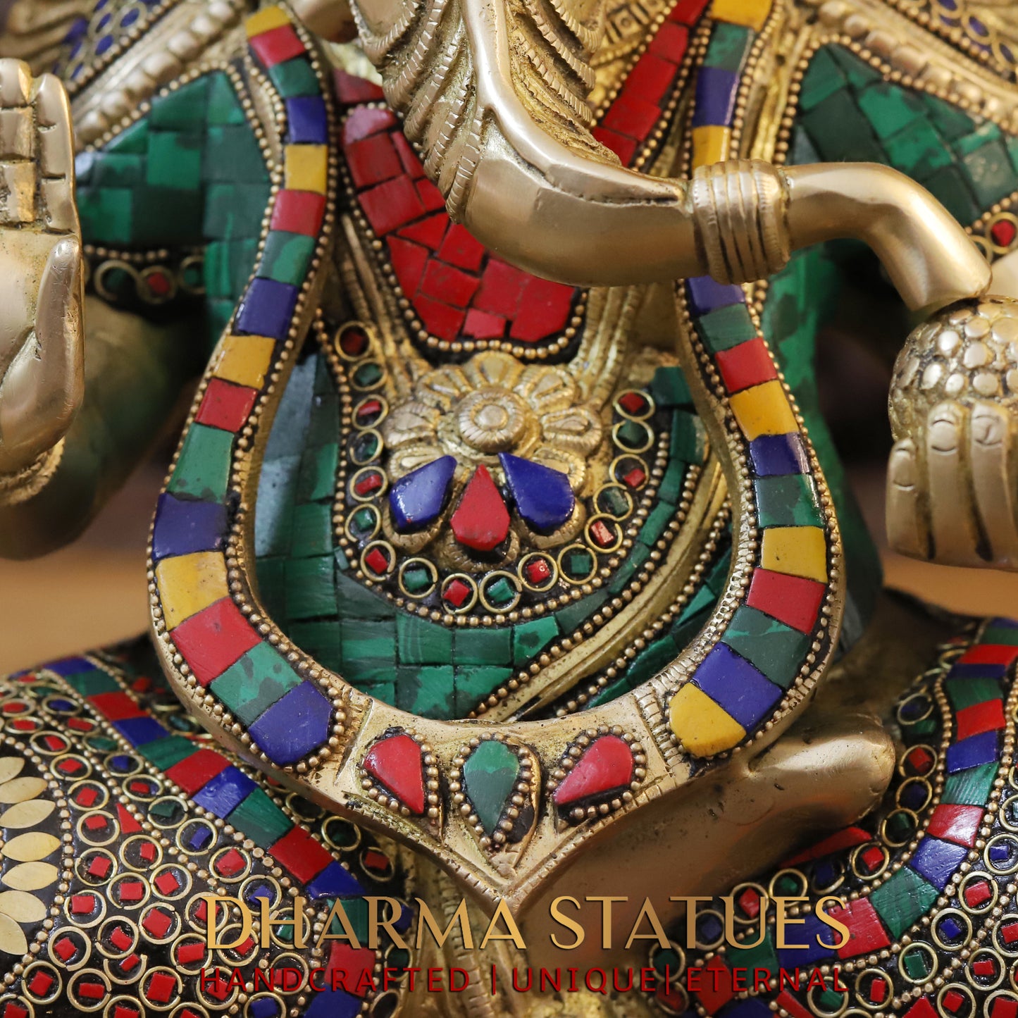 Brass Ganesh seated in Blessing Posture, Stonework & Golden Finish, 17.5"
