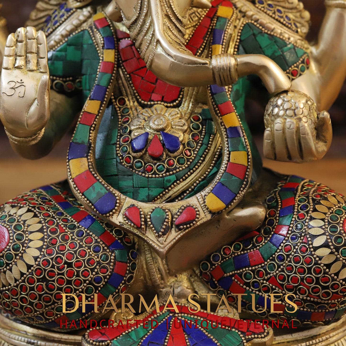 Brass Ganesh seated in Blessing Posture, Stonework & Golden Finish, 17.5"