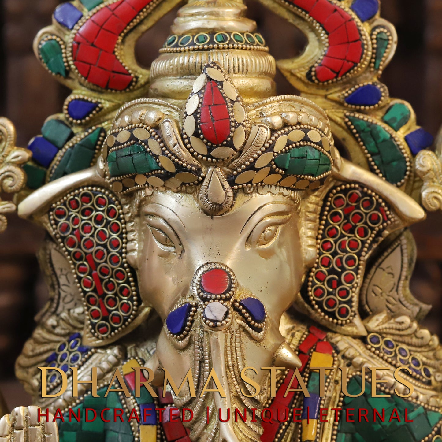 Brass Ganesh seated in Blessing Posture, Stonework & Golden Finish, 17.5"