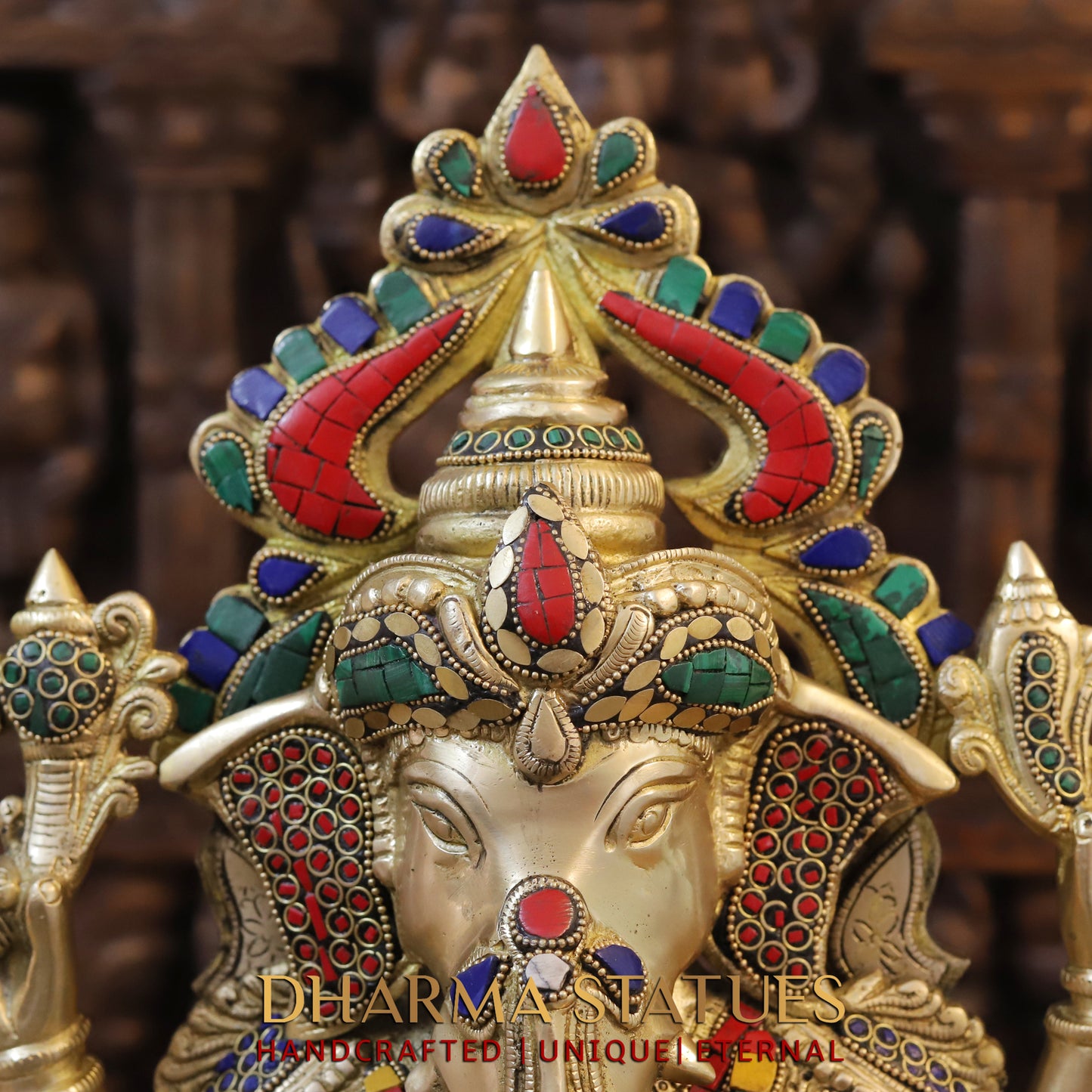 Brass Ganesh seated in Blessing Posture, Stonework & Golden Finish, 17.5"