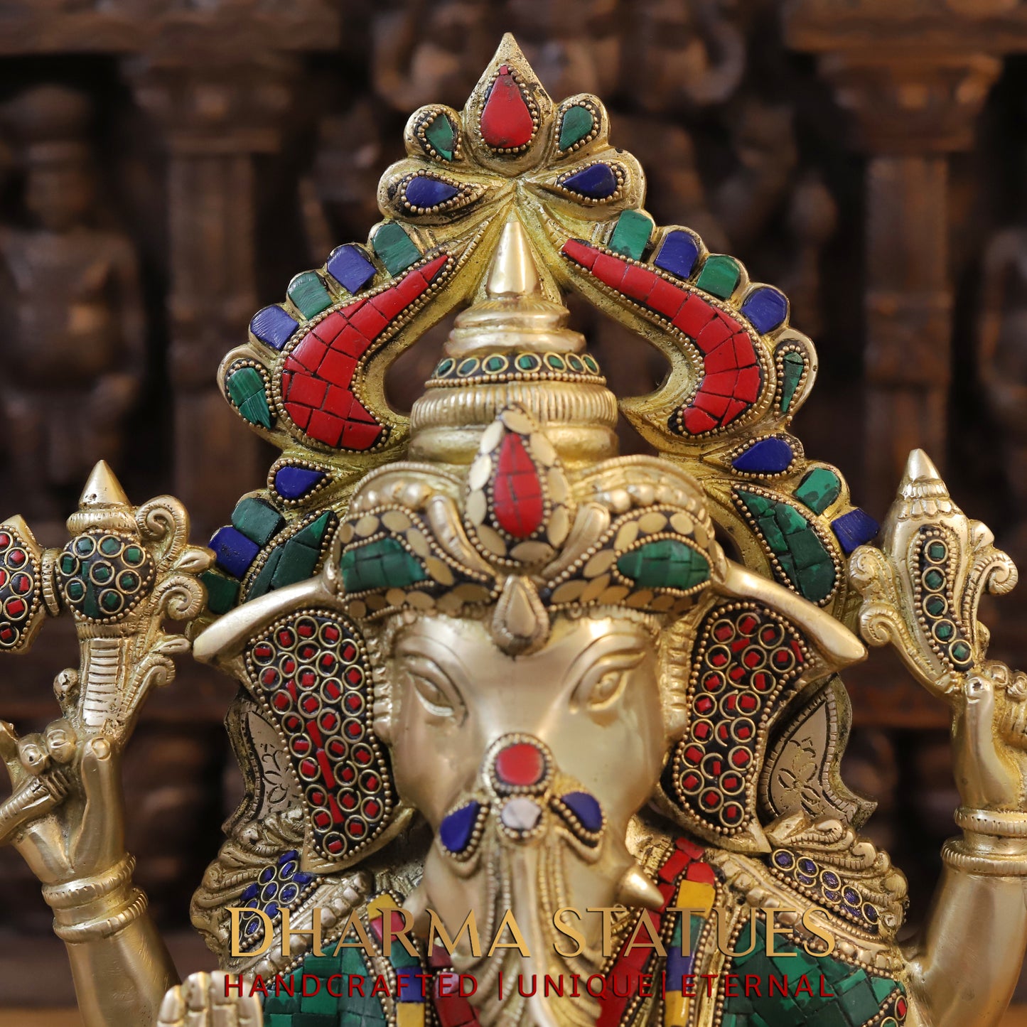 Brass Ganesh seated in Blessing Posture, Stonework & Golden Finish, 17.5"