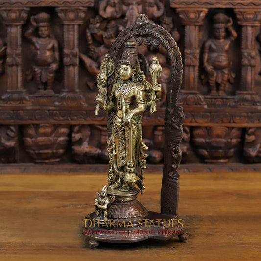 Brass Lakshmi with Shree Garuda at the Pedestal, Golden & Copper Finish, 16"