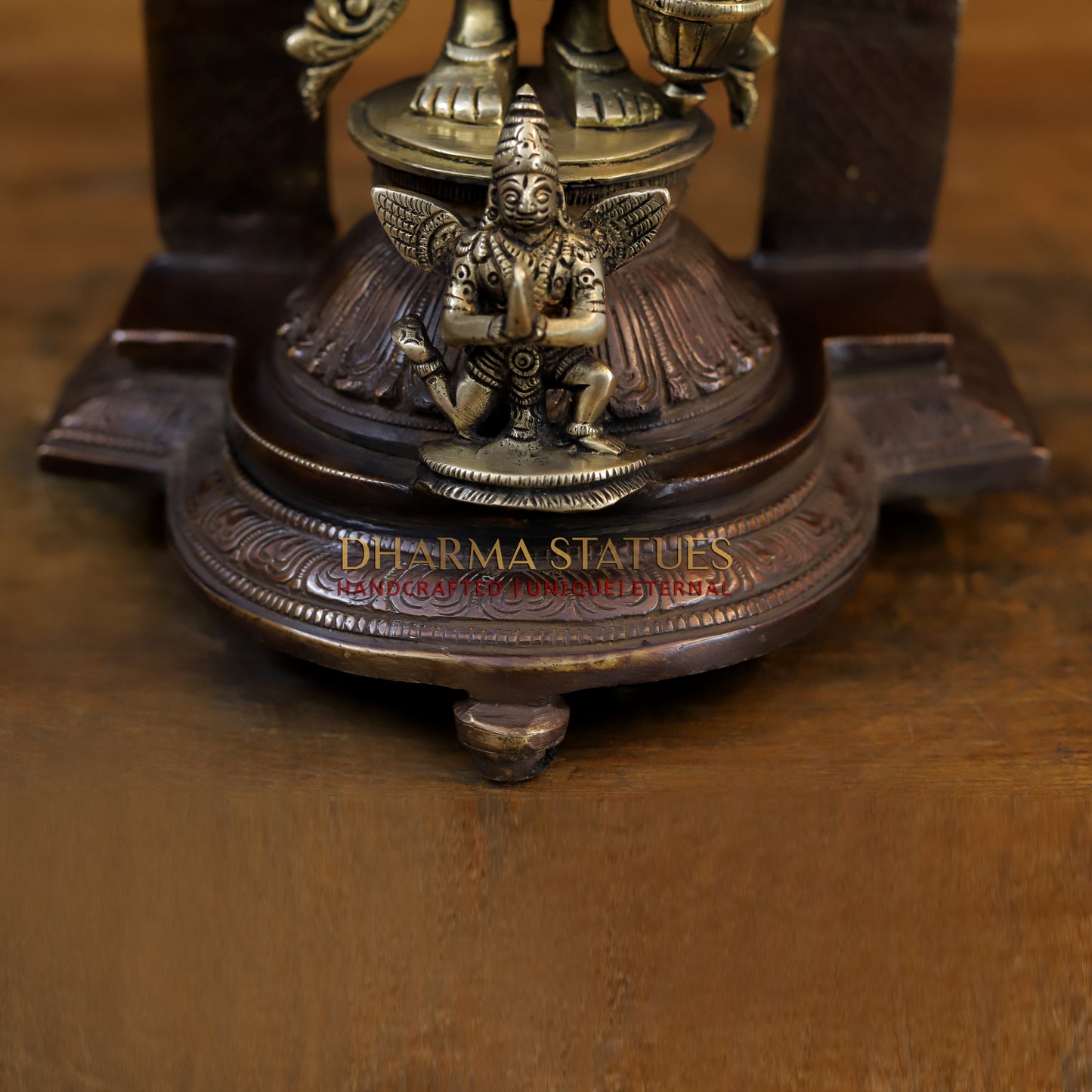 Brass Vishnu and Lakshmi Standing in Frame with Elephants & Garuda at the Pedestal, Copper and Gold, 16"