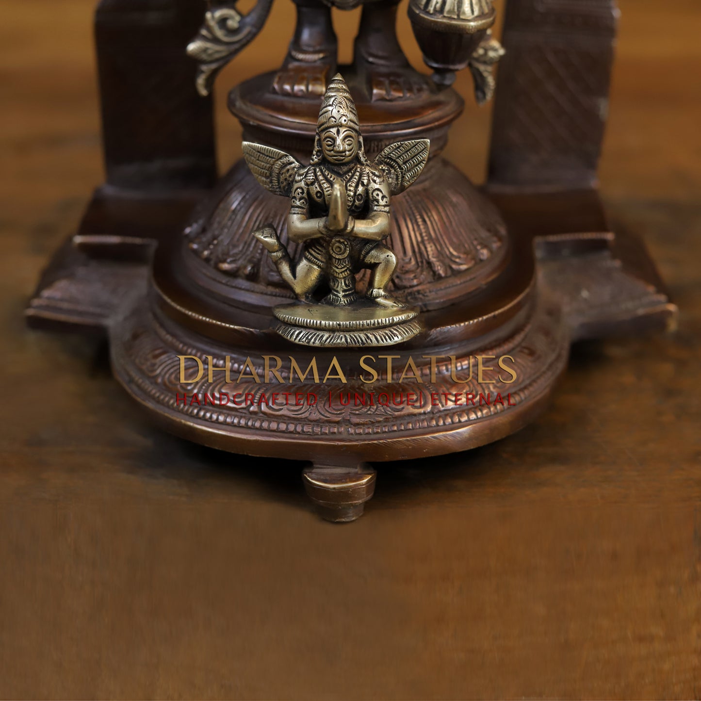 Brass Lakshmi Standing with Shree Garuda at the Pedestal, Golden & Copper Finish, 16"