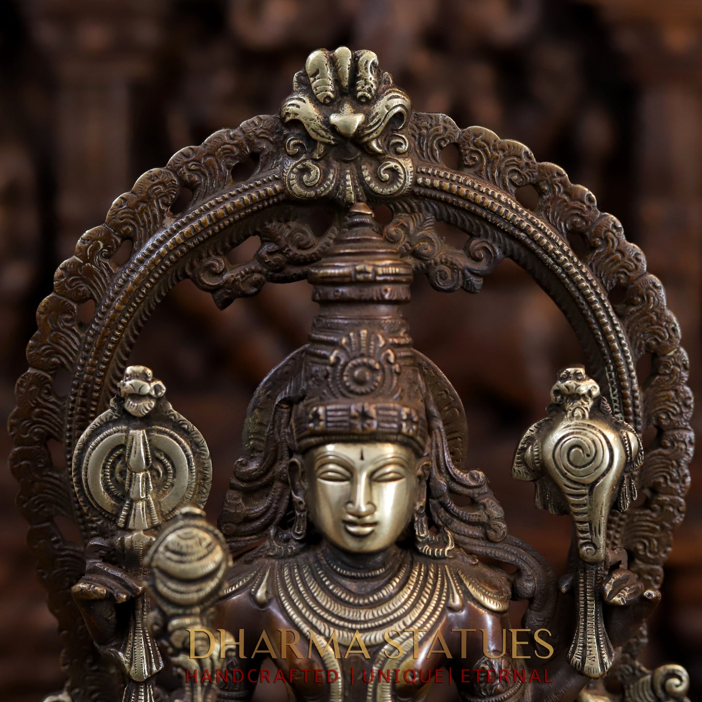 Brass Vishnu and Lakshmi Standing in Frame with Elephants & Garuda at the Pedestal, Copper and Gold, 16.5"