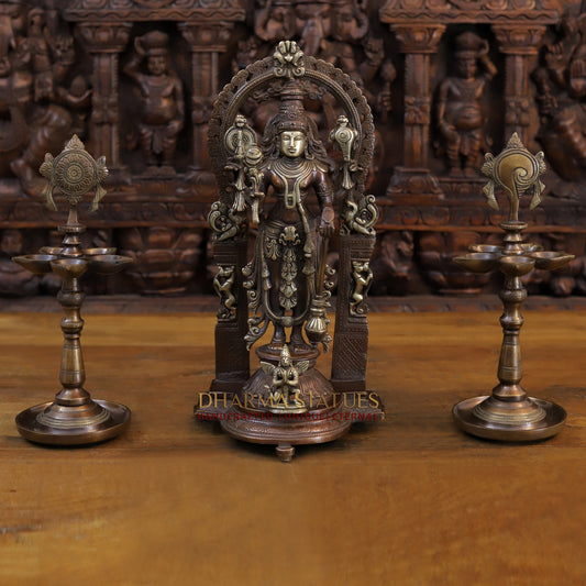 Brass Lakshmi Standing with Shree Garuda at the Pedestal, Golden & Copper Finish, 16"