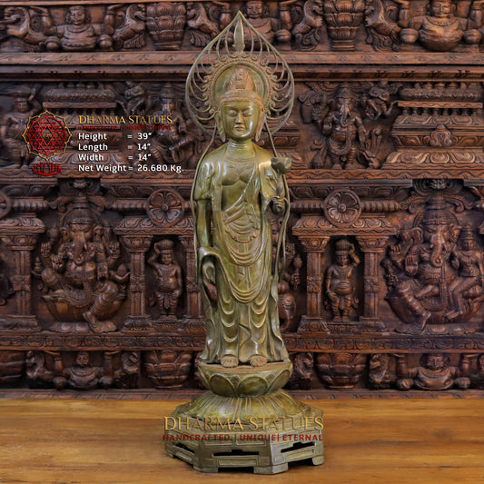 Brass Japanese Buddha Standing on Frame, Patina Green, 39"
