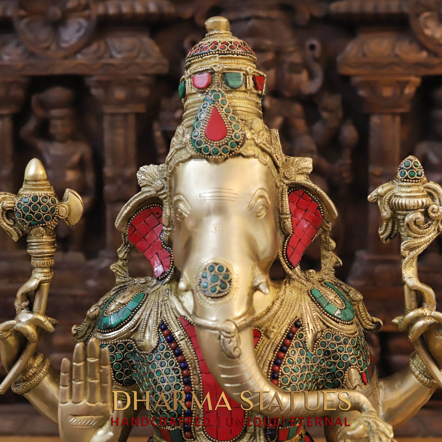 Brass Ganesh seated in Blessing Posture, Stonework & Golden Finish, 20"
