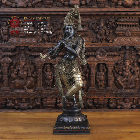 Brass Krishna Playing Flute, Black Patina and Golden Finish, 35"