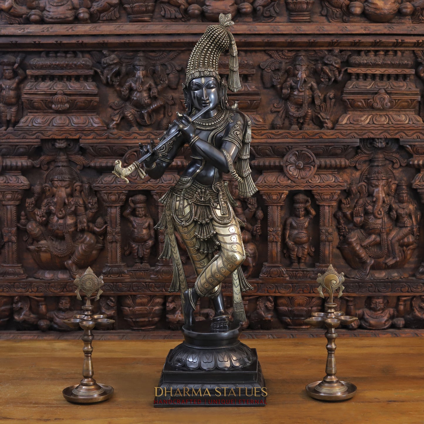 Brass Krishna Playing Flute, Black Patina and Golden Finish, 35"