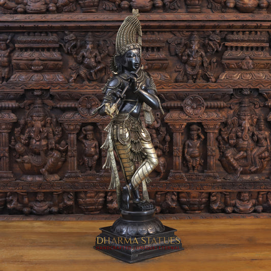 Brass Krishna Playing Flute, Black Patina and Golden Finish, 35"