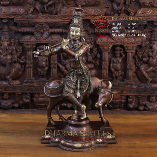 Brass Krishna Playing Flute with Nandi Cow on a Pedestal, Copper & Gold Finish, 26"