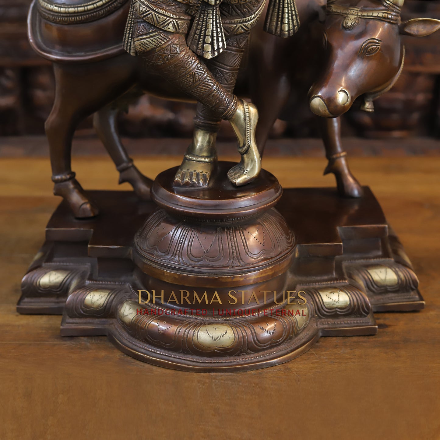 Brass Krishna Playing Flute with Nandi Cow on a Pedestal, Copper & Gold Finish, 26"