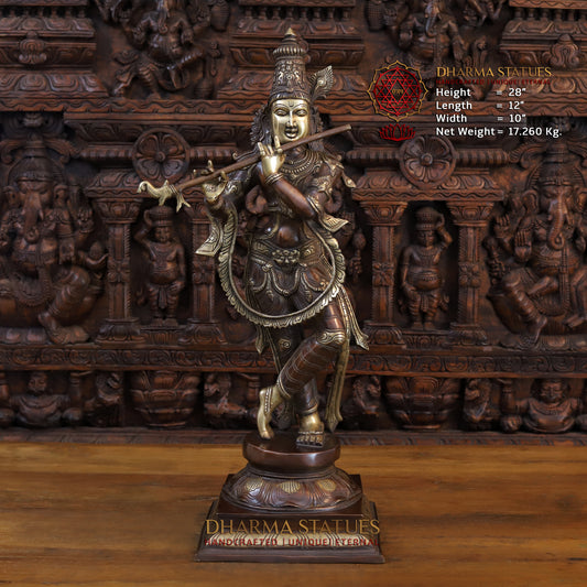 Brass Krishna Playing Flute on Pedestal, Copper & Gold Finish, 28"