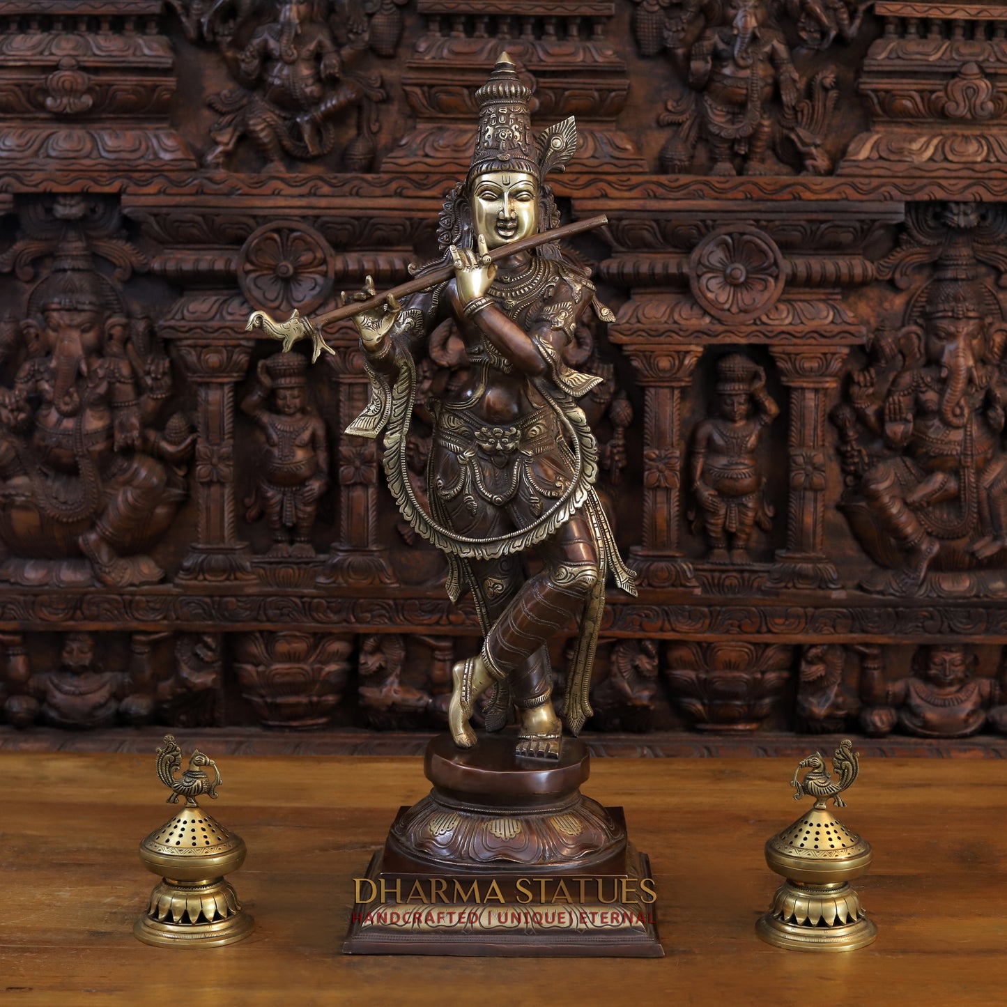 Brass Krishna Playing Flute on Pedestal, Copper & Gold Finish, 28"