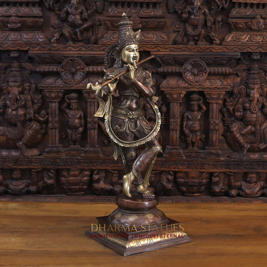 Brass Krishna Playing Flute on Pedestal, Copper & Gold Finish, 28"
