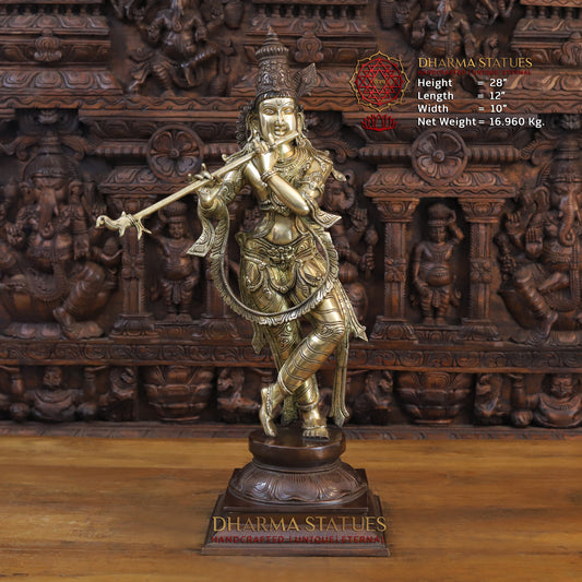 Brass Krishna Playing Flute on Pedestal, Copper & Golden Finish, 28"