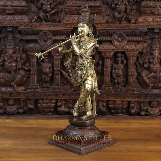 Brass Krishna Playing Flute on Pedestal, Copper & Golden Finish, 28"