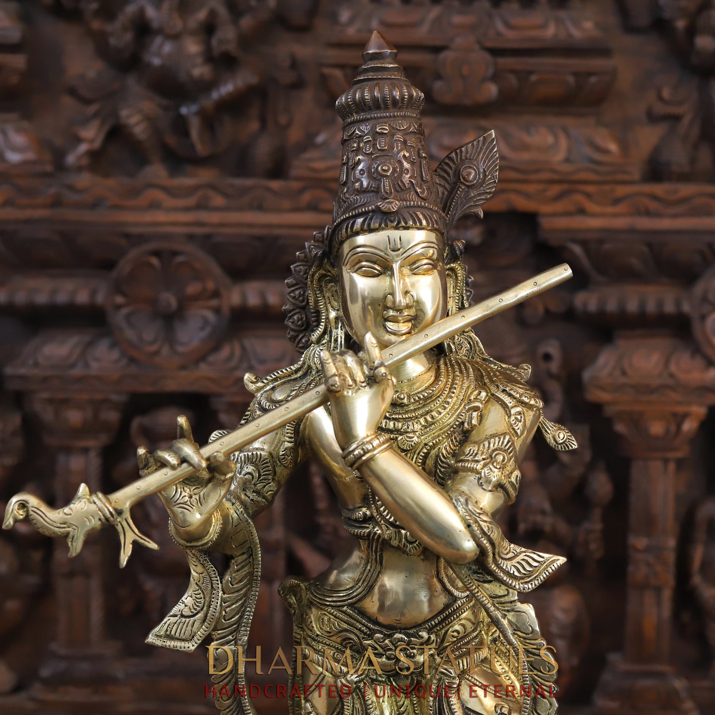 Brass Krishna Playing Flute on Pedestal, Copper & Golden Finish, 28"