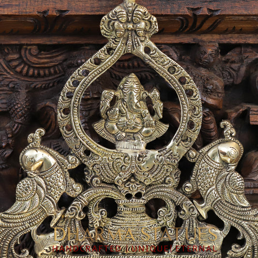 Brass Ganesh Diya Stand, with Peacock, Fine Gold Finish, 15"