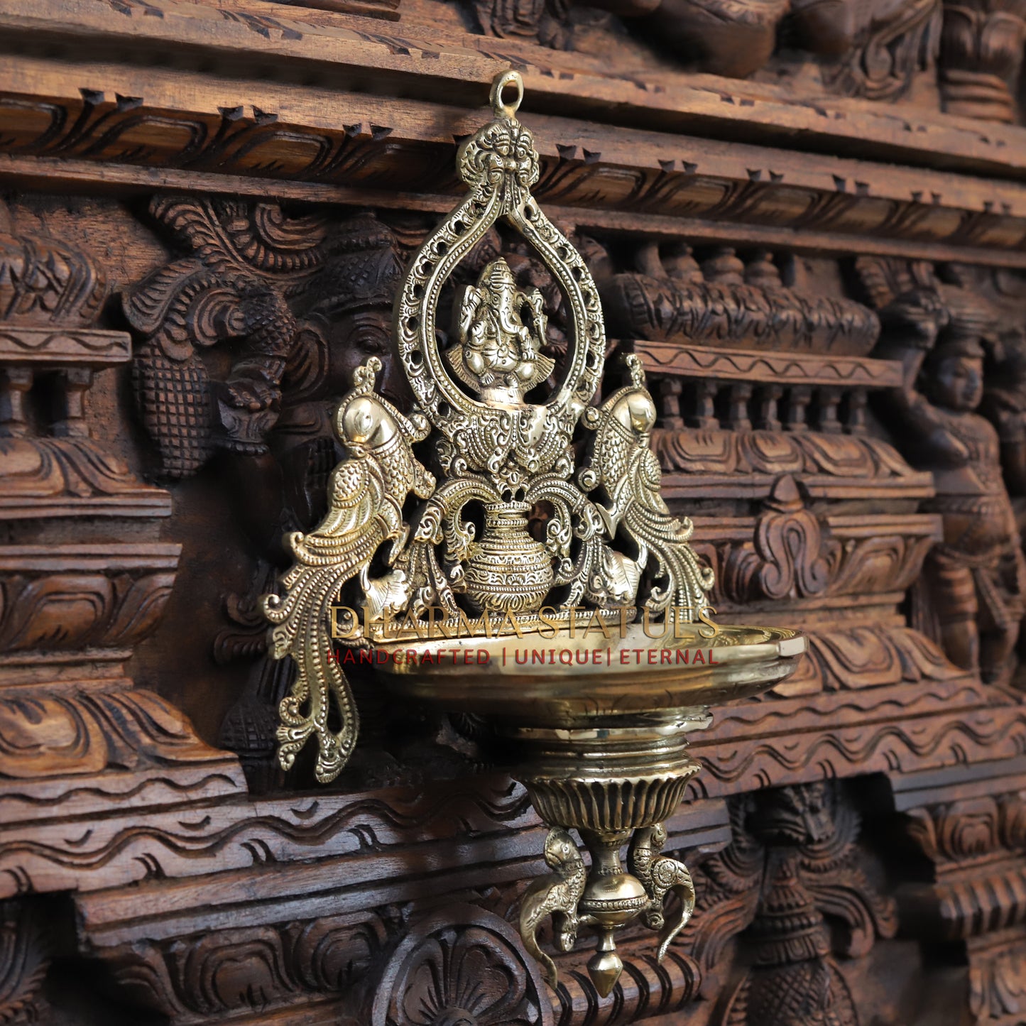 Brass Ganesh Diya Stand, with Peacock, Fine Gold Finish, 15"